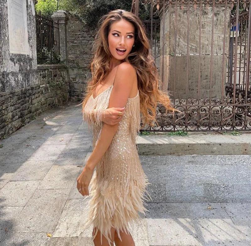 Full-length fringe mini dress with V-neckline and feather trim, women's festive style