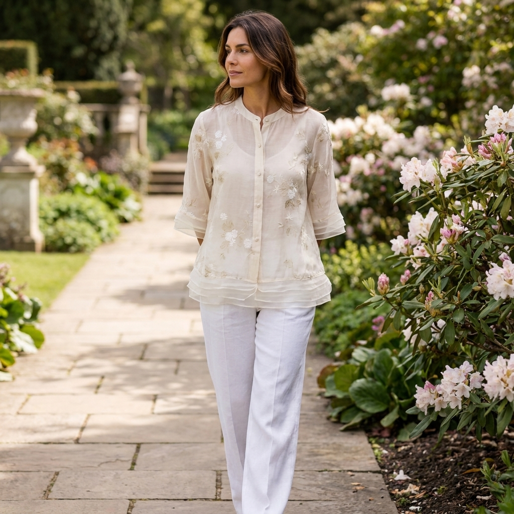 Button up embroidered blouse with classic collar