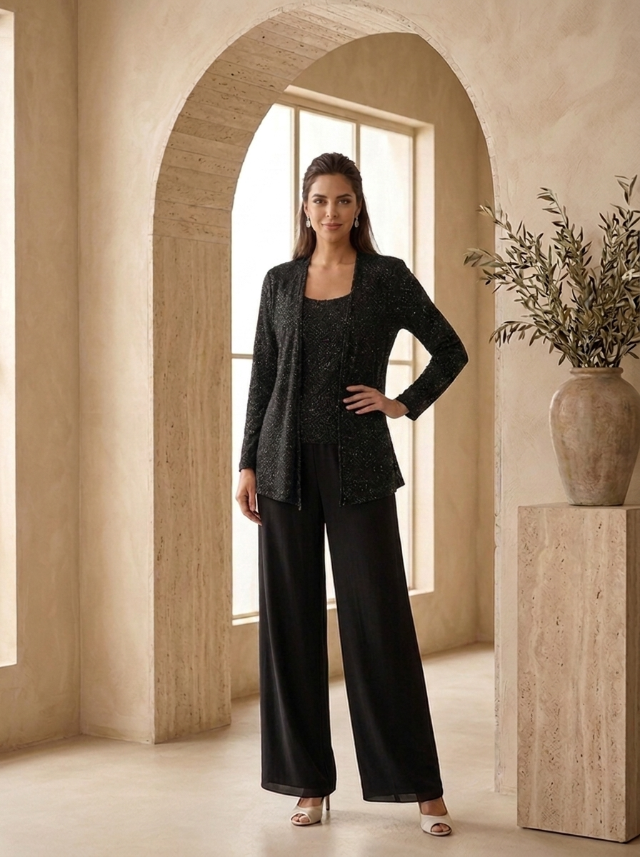 Black women's 3-piece set with wide leg trousers