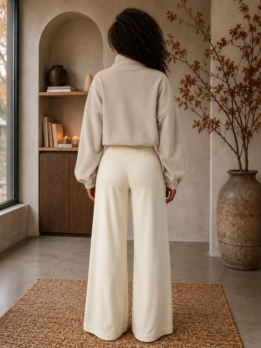 Women's taupe fleece bomber jacket back view