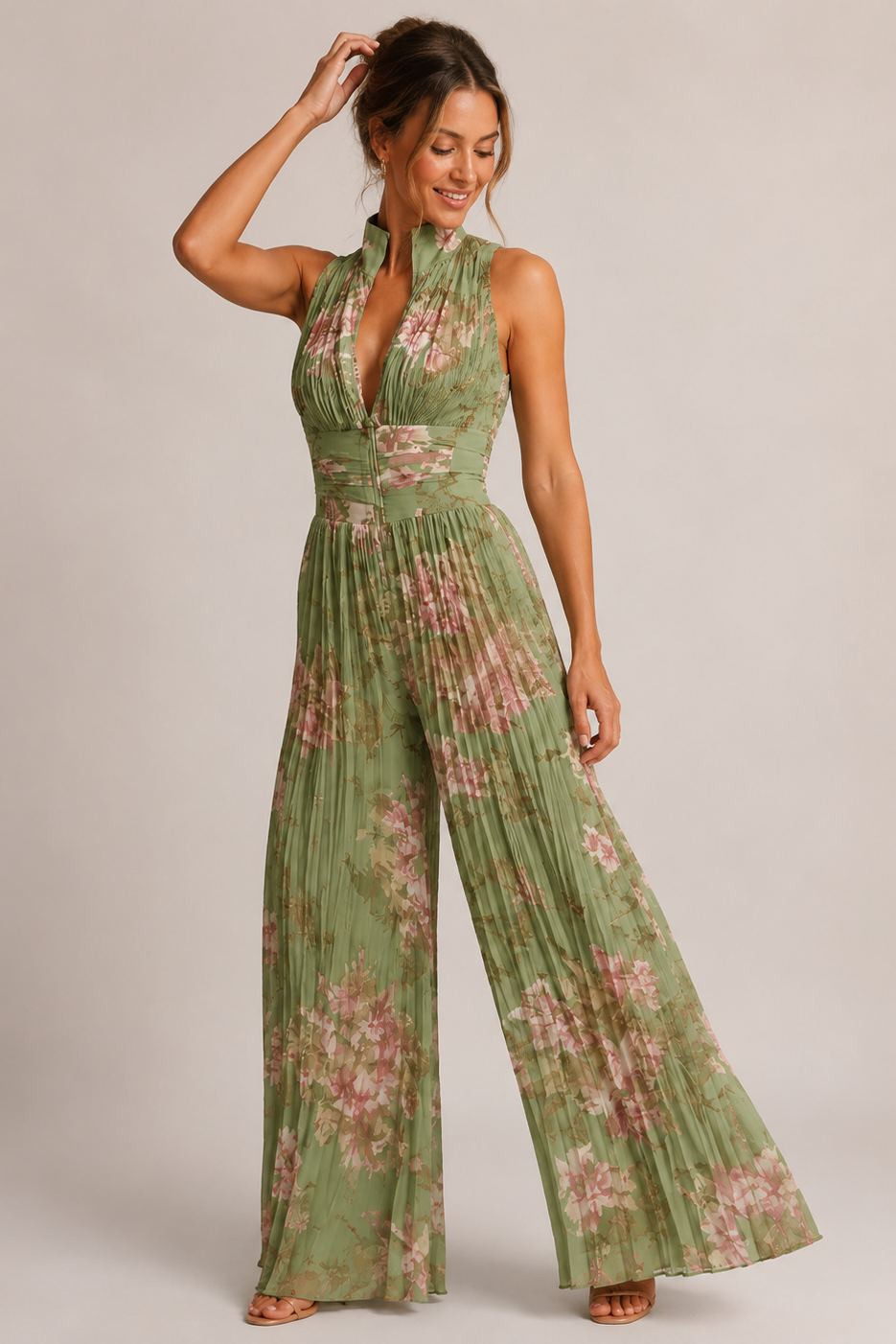 Sleeveless floral jumpsuit with front zipper closure