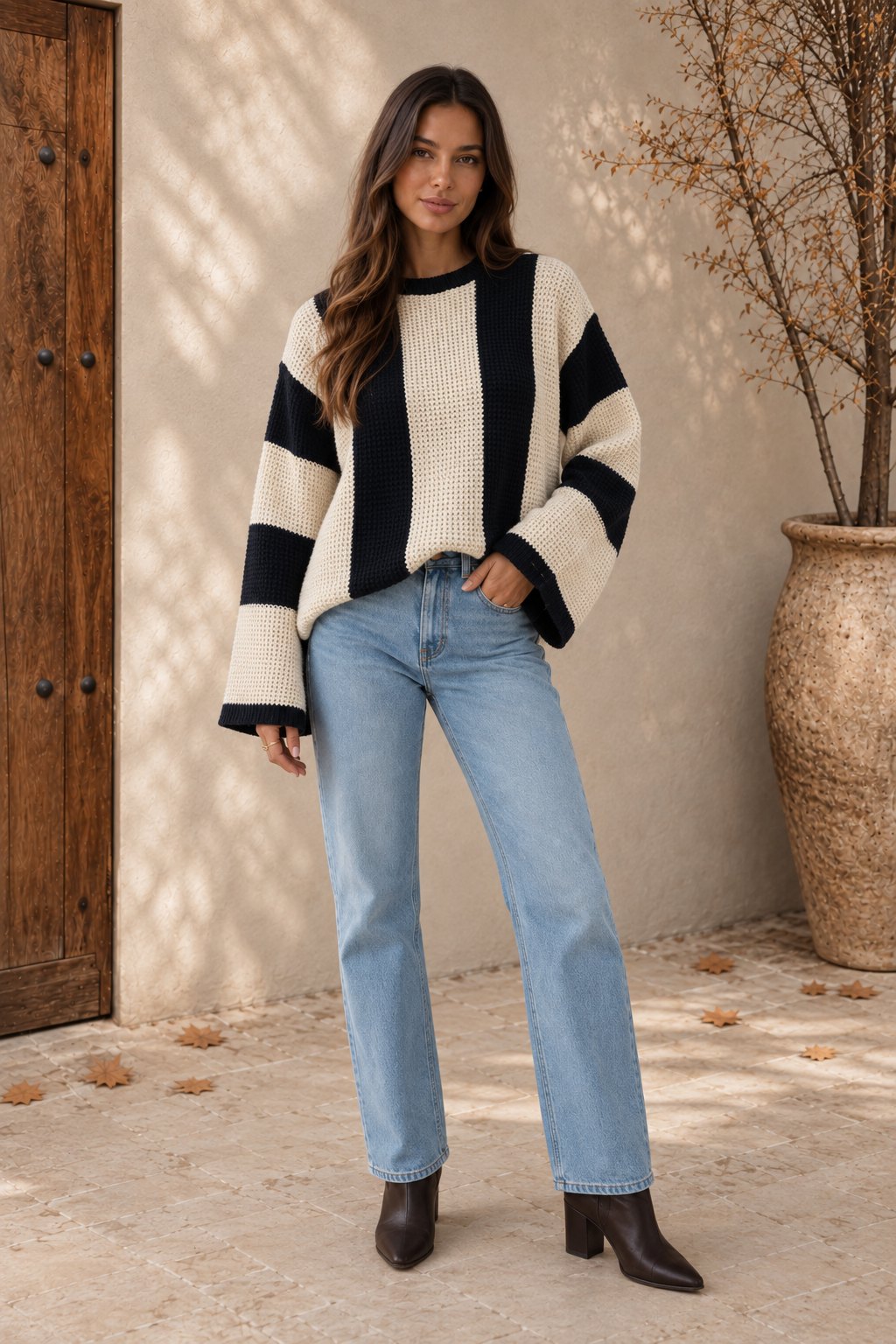 Women's cream and black striped chunky-knit sweater with wide sleeves and ribbed round neck, front view