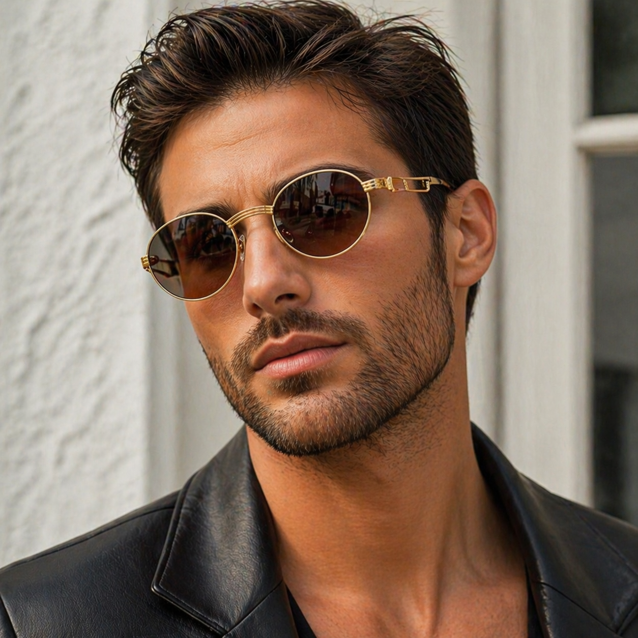 Wood-look temple detail on round sunglasses