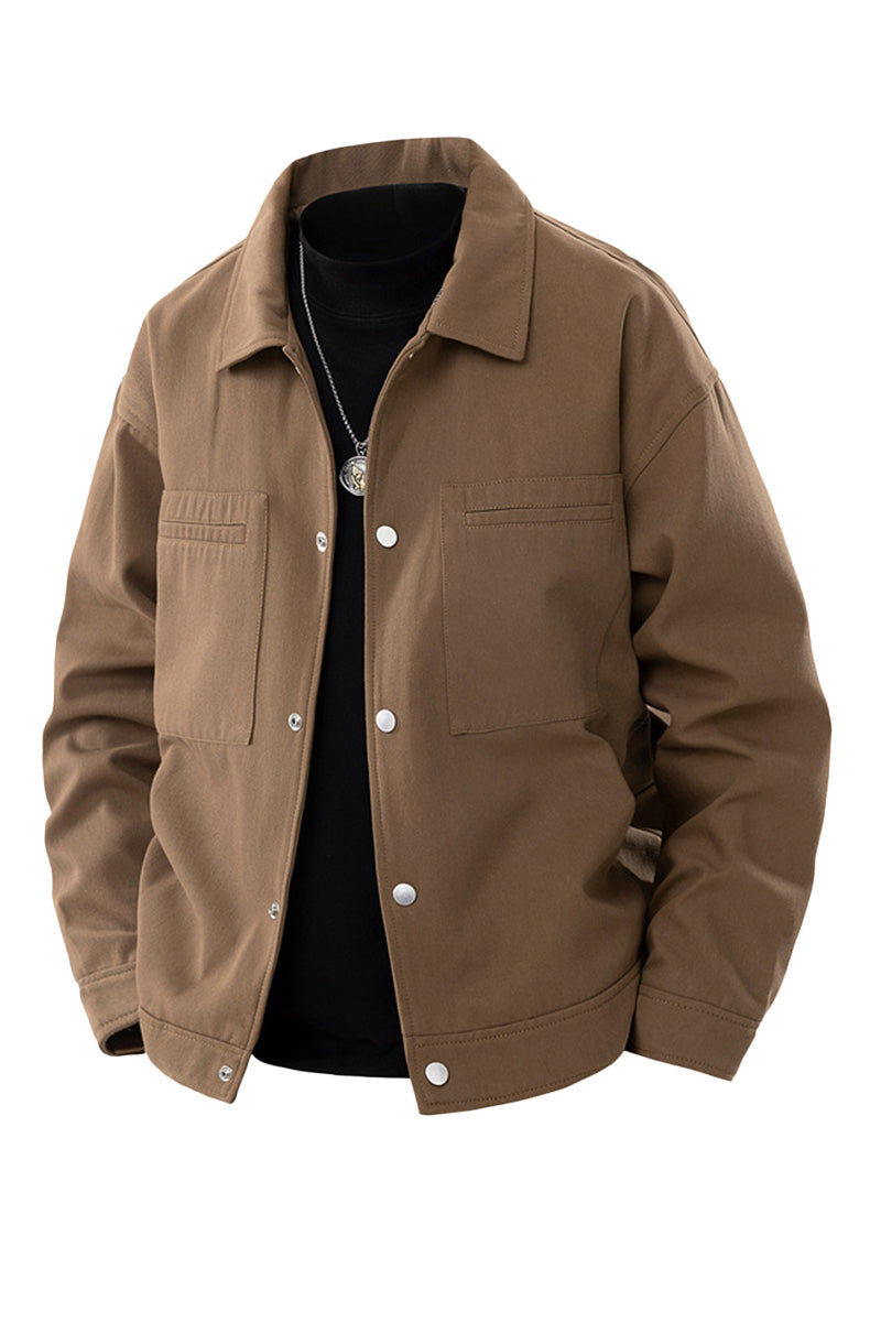Men's structured utility jacket with snap button front and straight hem
