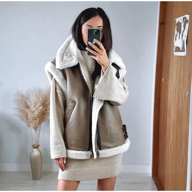 Vändbar väst med fuskpäls och teddyfoder