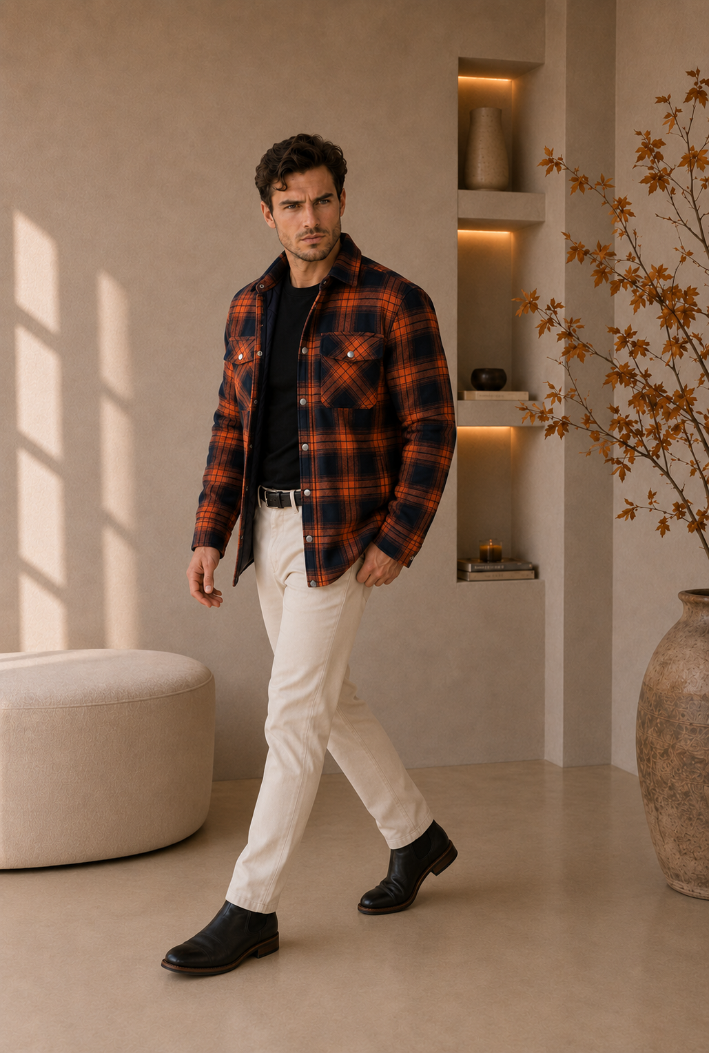 Men's orange and black check flannel overshirt