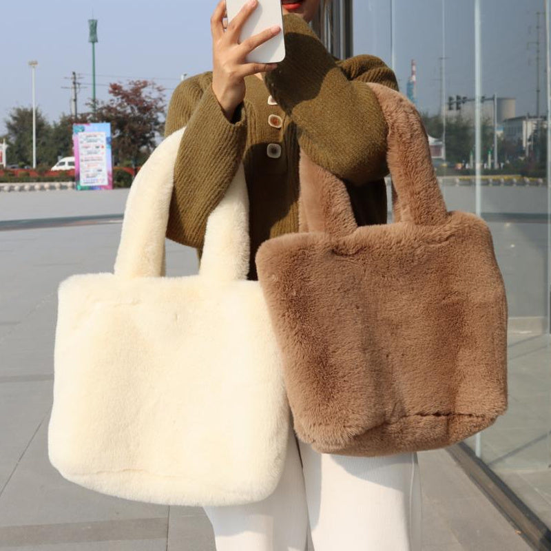 Close-up of soft faux fur tote bag handle and top opening detail