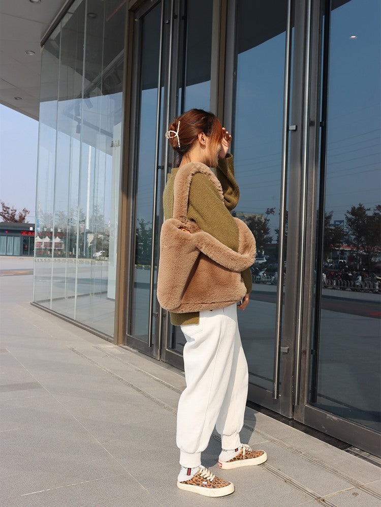 Women's soft faux fur tote bag flat lay showing full bag dimensions