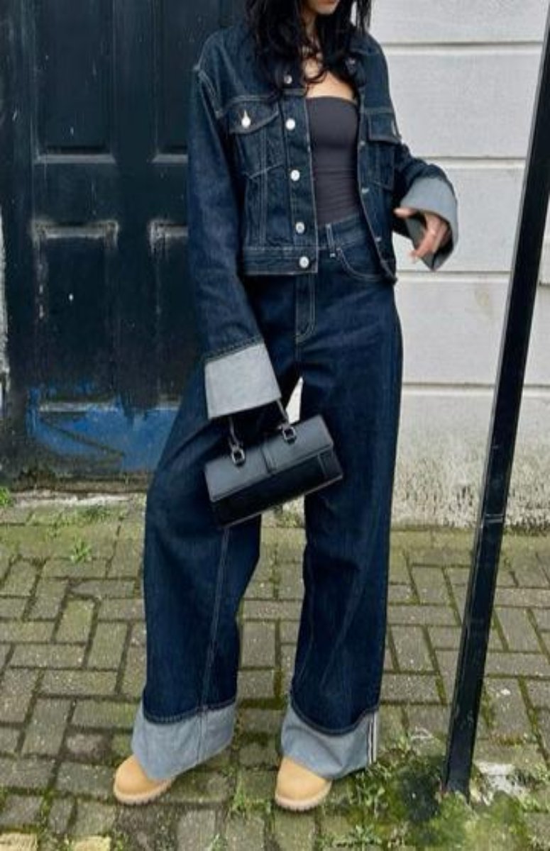 High-waist wide-leg denim jeans with cuffed hems