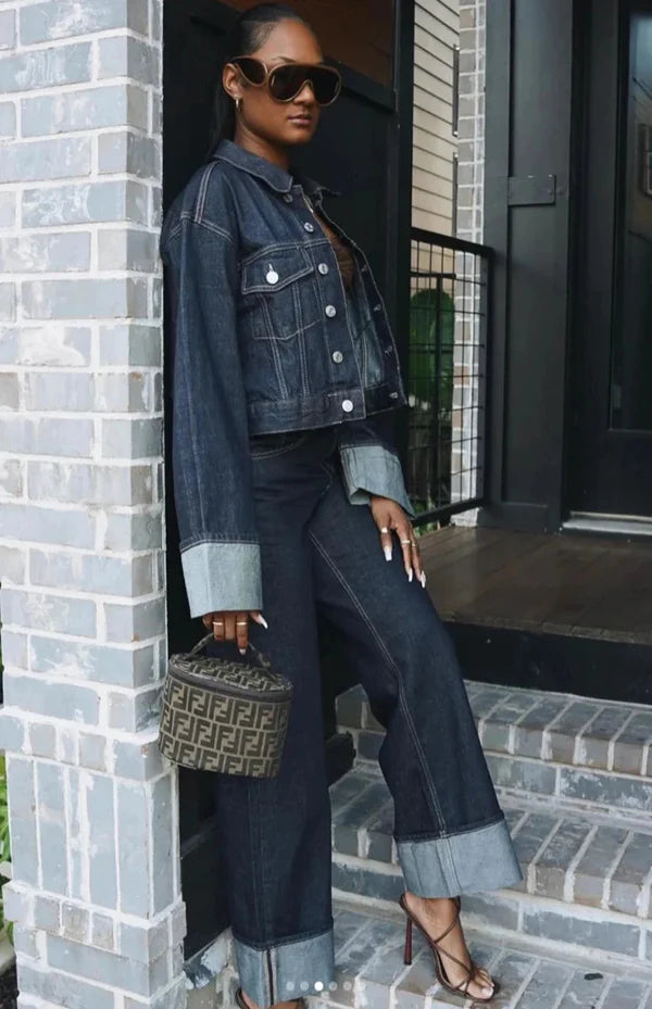 Women's matching denim jacket and wide-leg jeans set