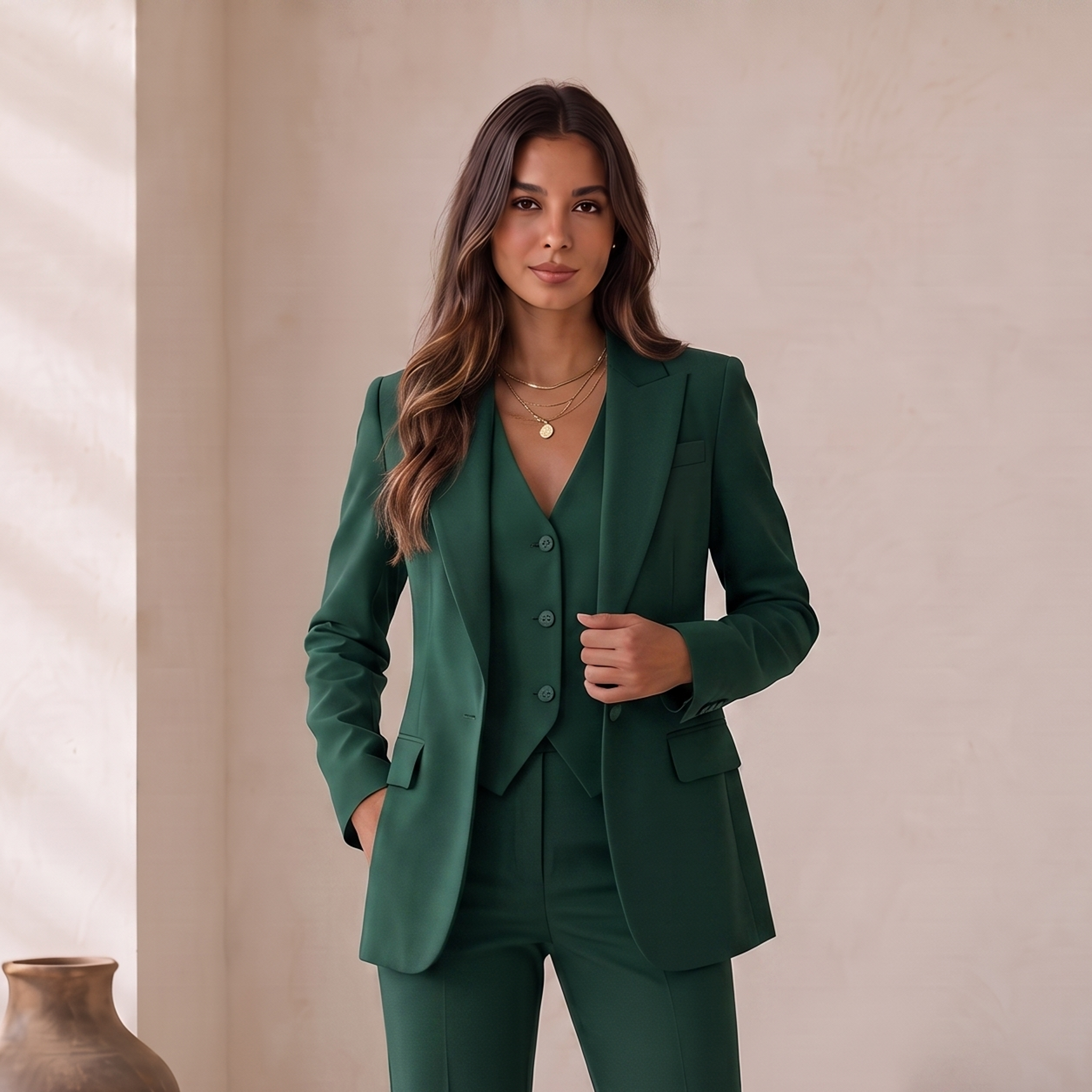Women's three-piece suit with long-sleeve blazer, button vest, and tailored straight trousers