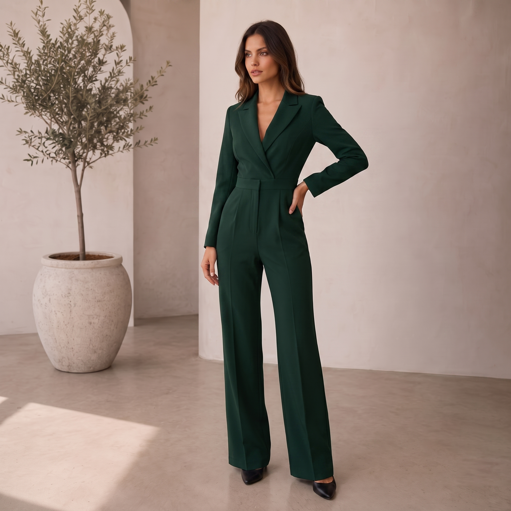 Long-sleeve woven jumpsuit with defined waist and wide-leg cut for women