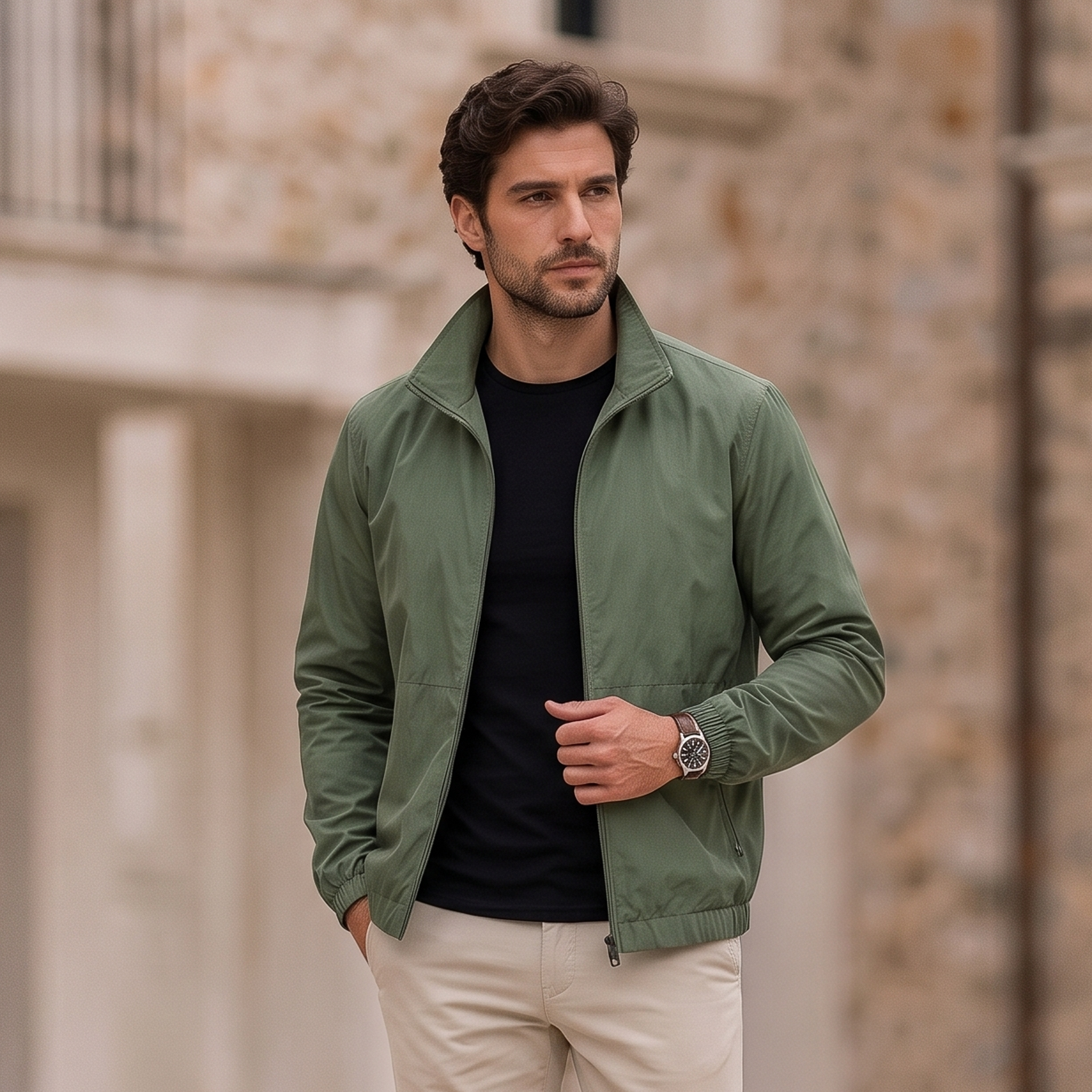 Men's regular fit lightweight jacket with stand-up collar and long sleeves