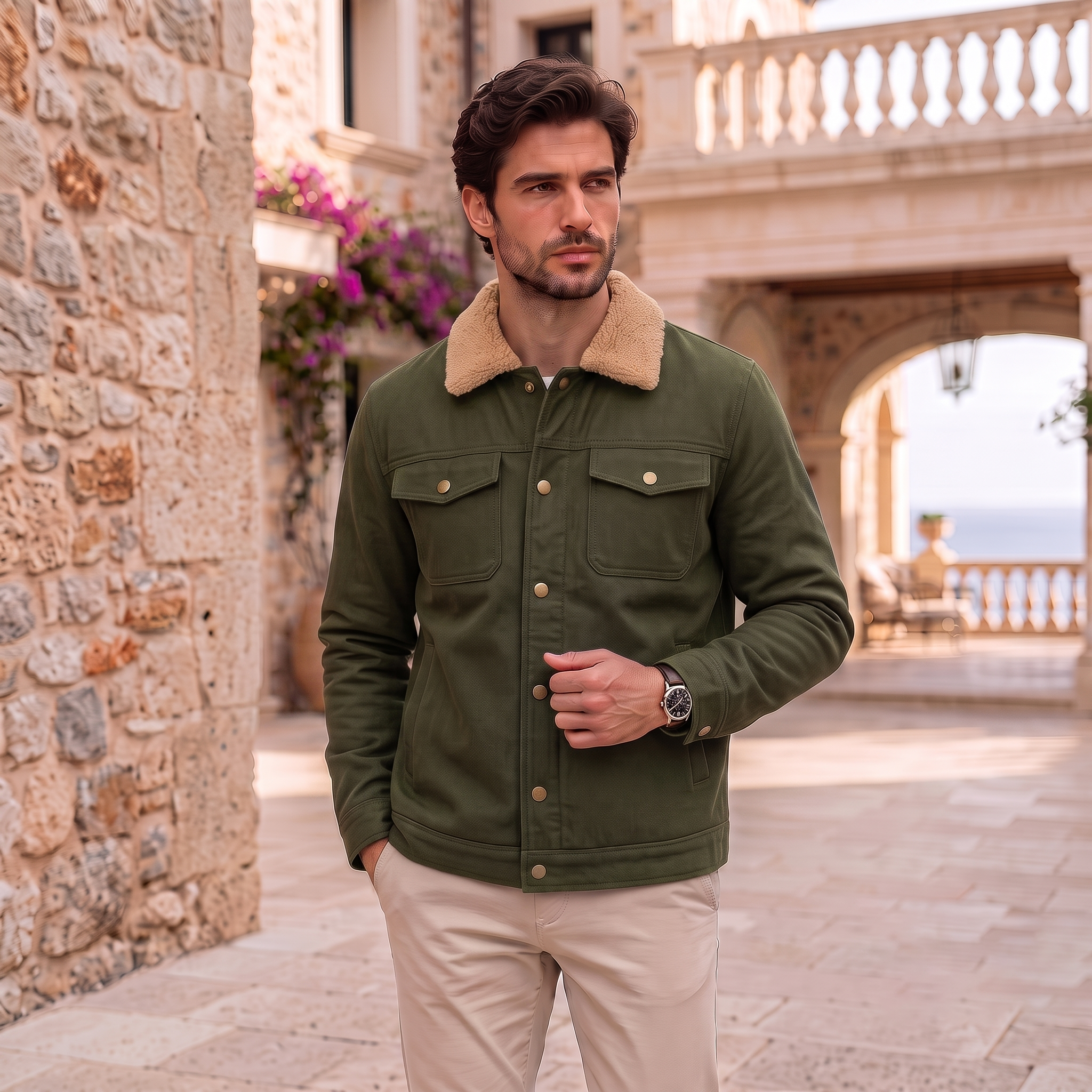 Men's regular-fit button-up jacket with shearling-look lined collar, front button closure, flap chest pockets, and reinforced seam paneling
