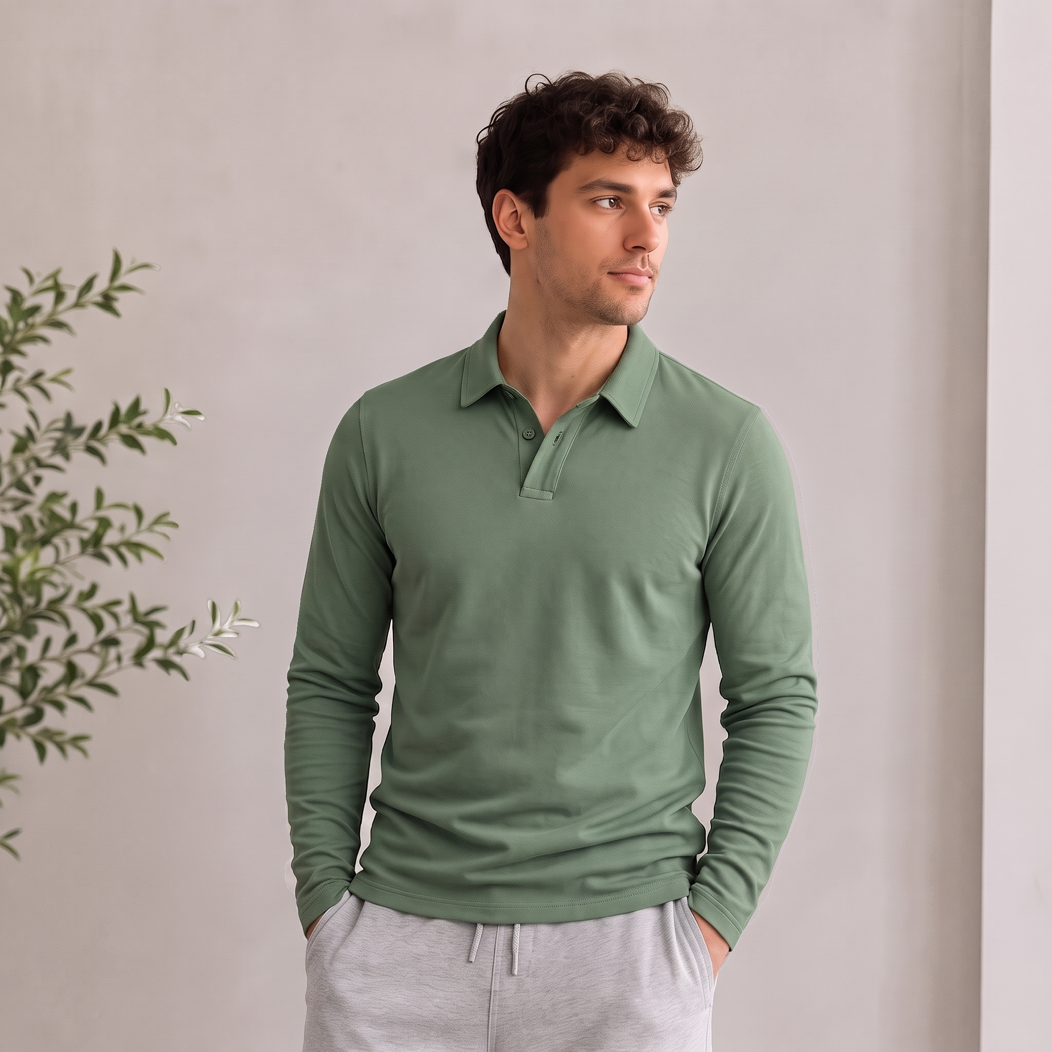 Men's long-sleeved turtleneck, relaxed fit pullover with ribbed collar