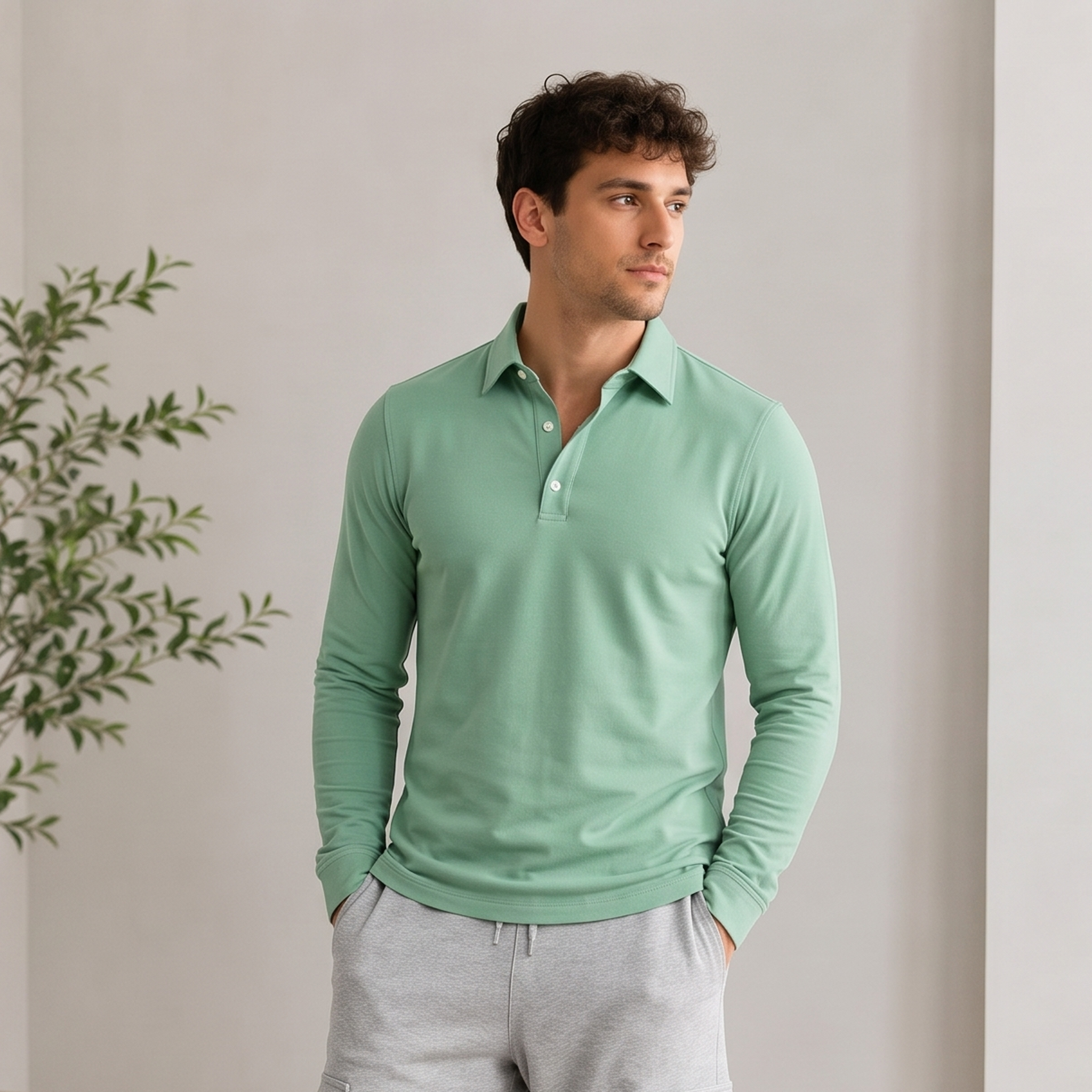 Men's knit polo shirt with front button placket and standard length hem