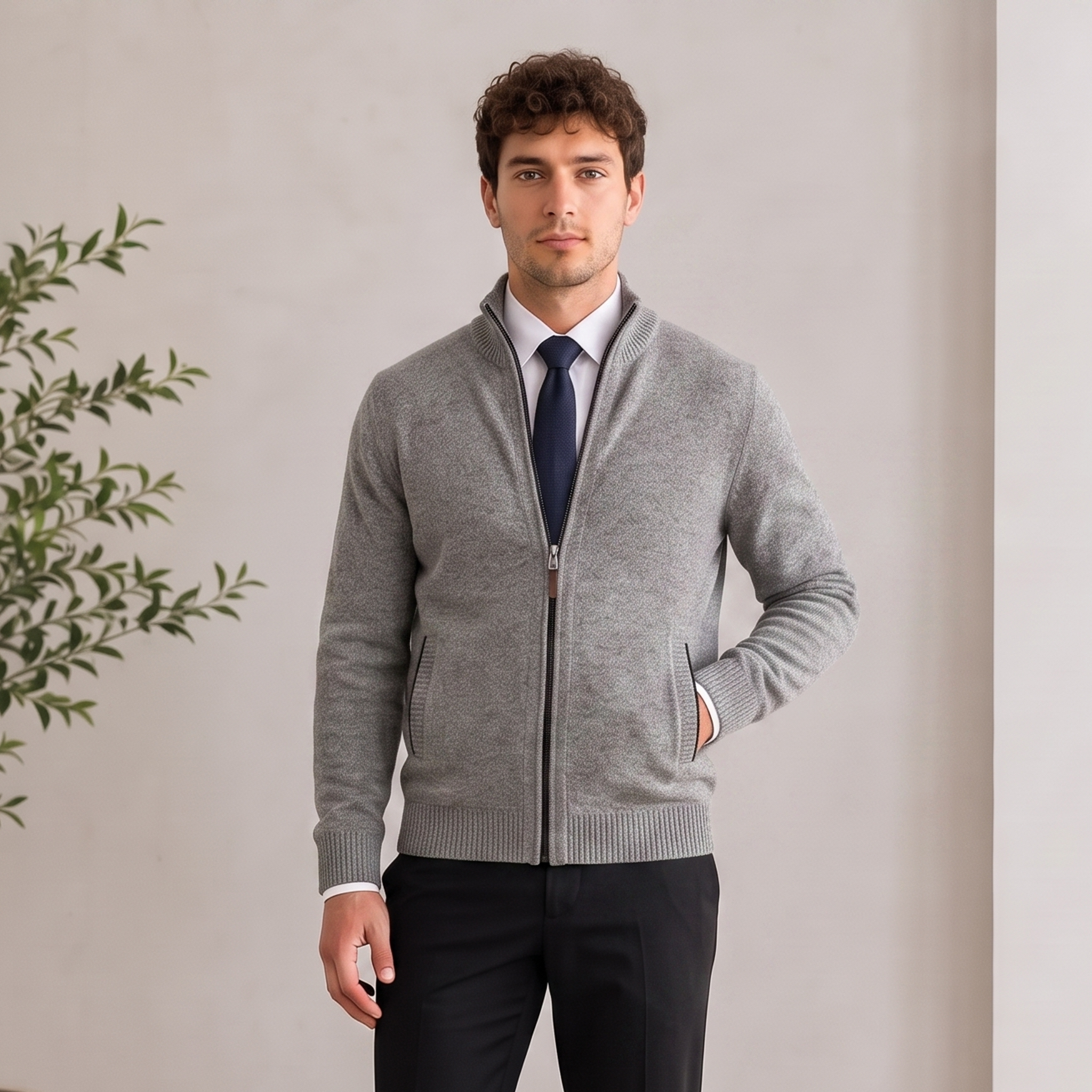 Textured Knit Jacket Zip Front Men