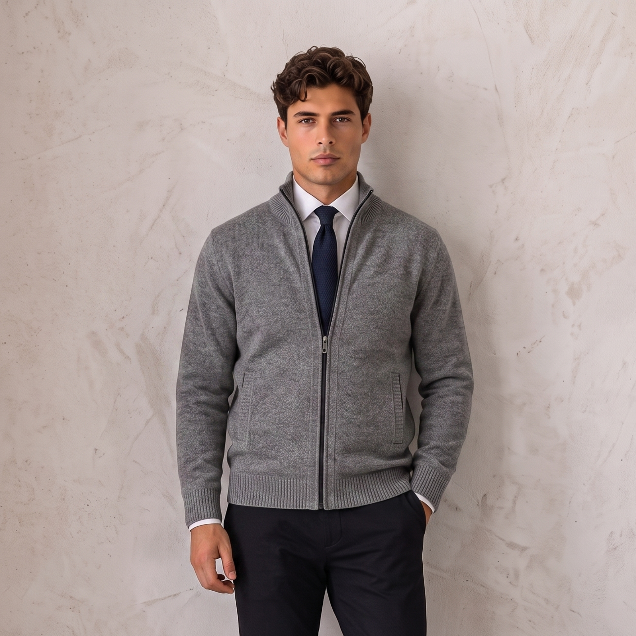 Men's wool-blend zip jacket with stand-up collar and knit texture