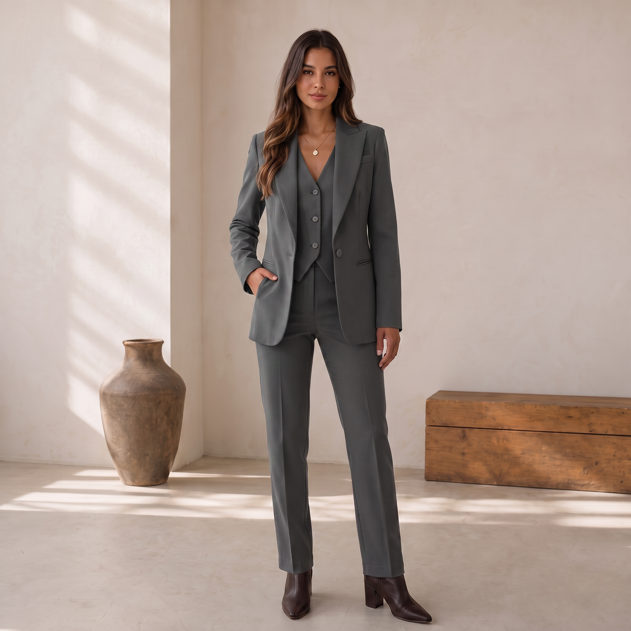 Women's woven suit set featuring a structured blazer, front-button vest, and full-length straight-leg trousers