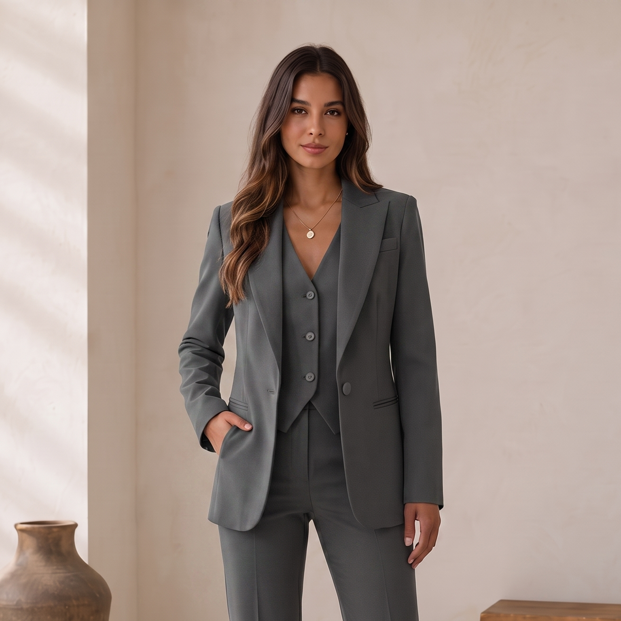 Women's coordinated blazer, vest, and trouser suit set displayed to show structured panel construction