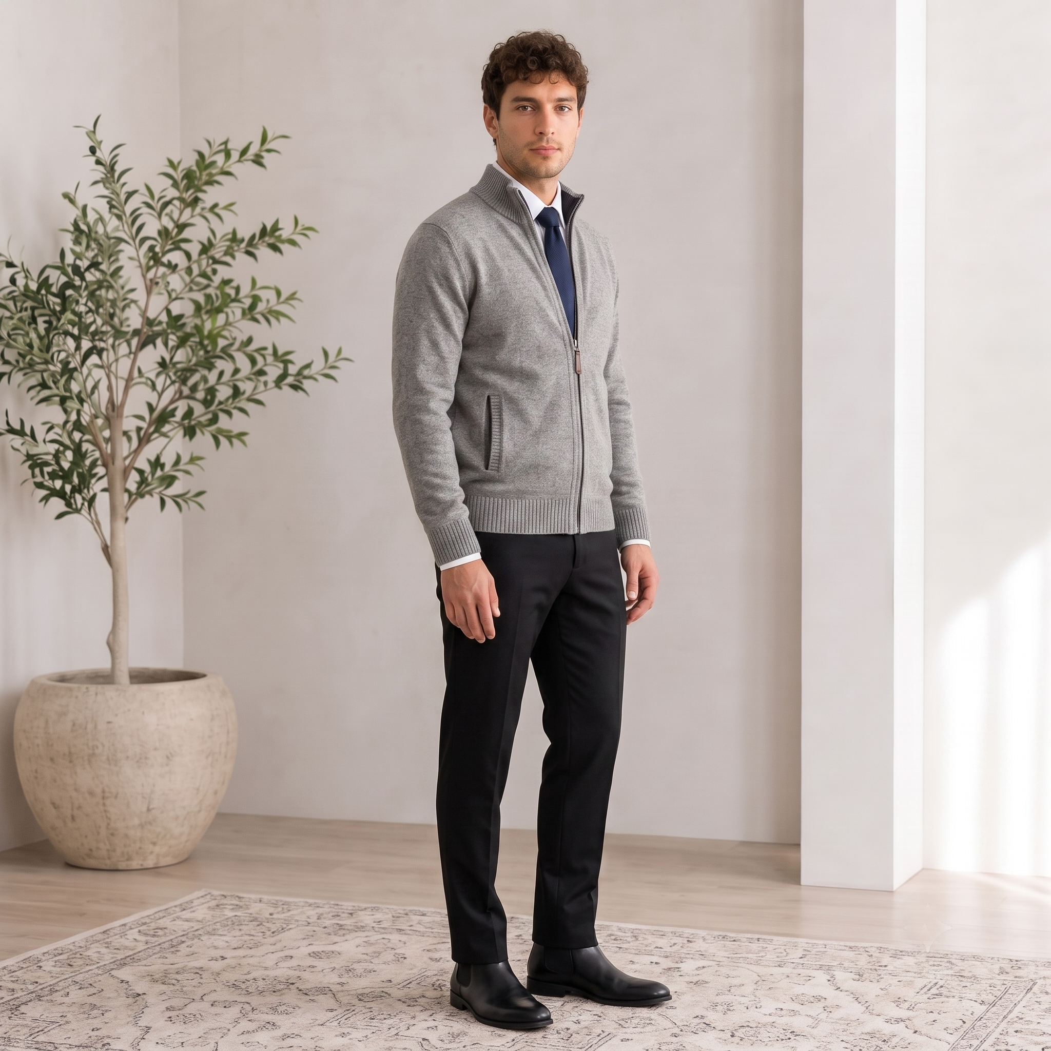 Textured Knit Jacket Zip Front Men