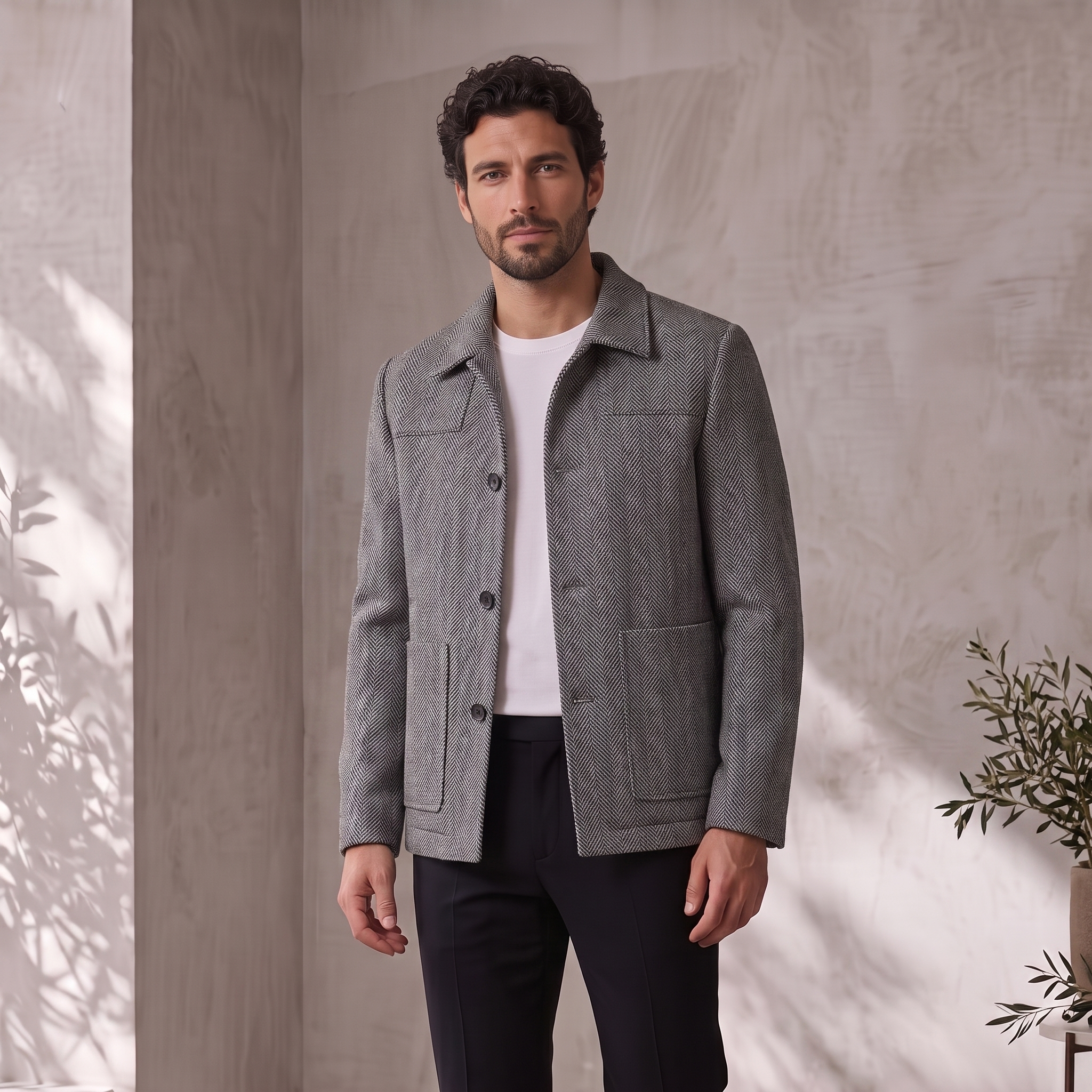 Men's hip-length woven jacket with button closure and patch front pockets