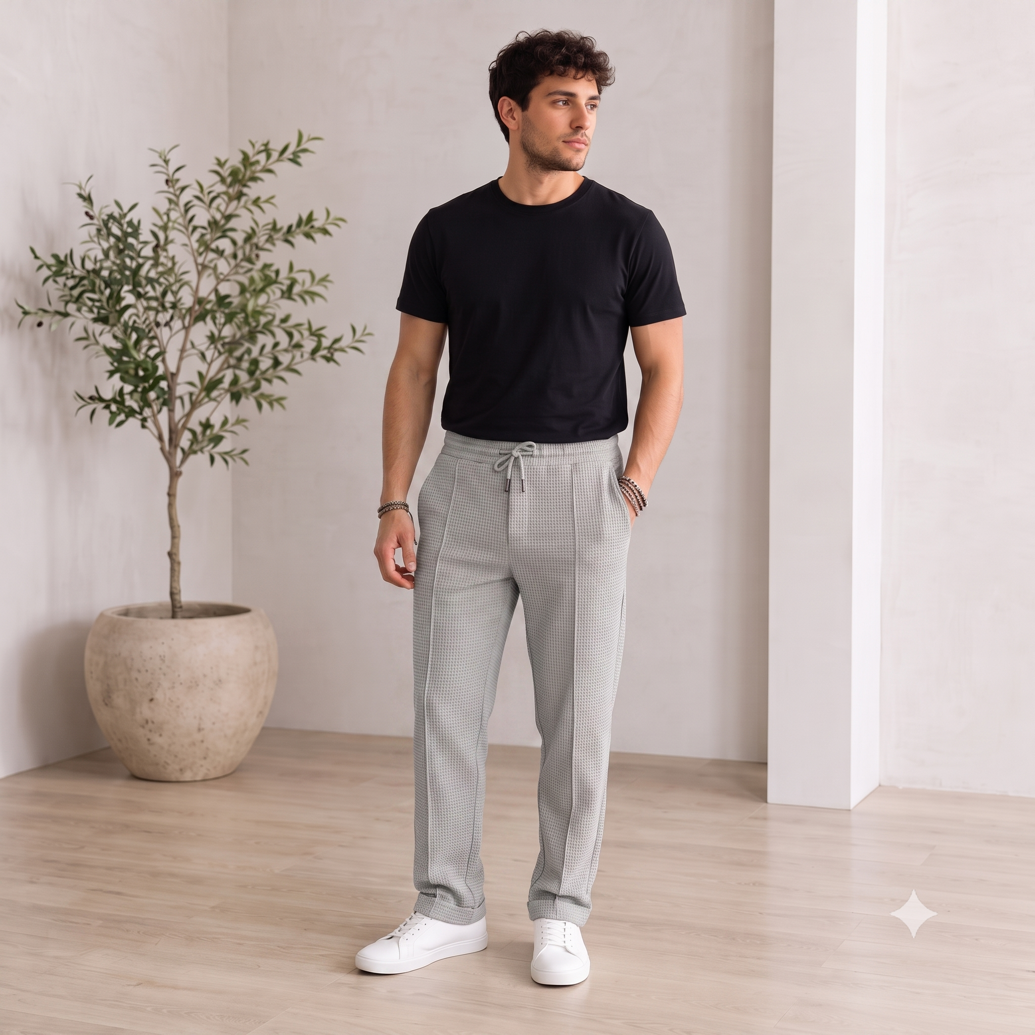 Men's woven trousers with side pockets and narrow hem