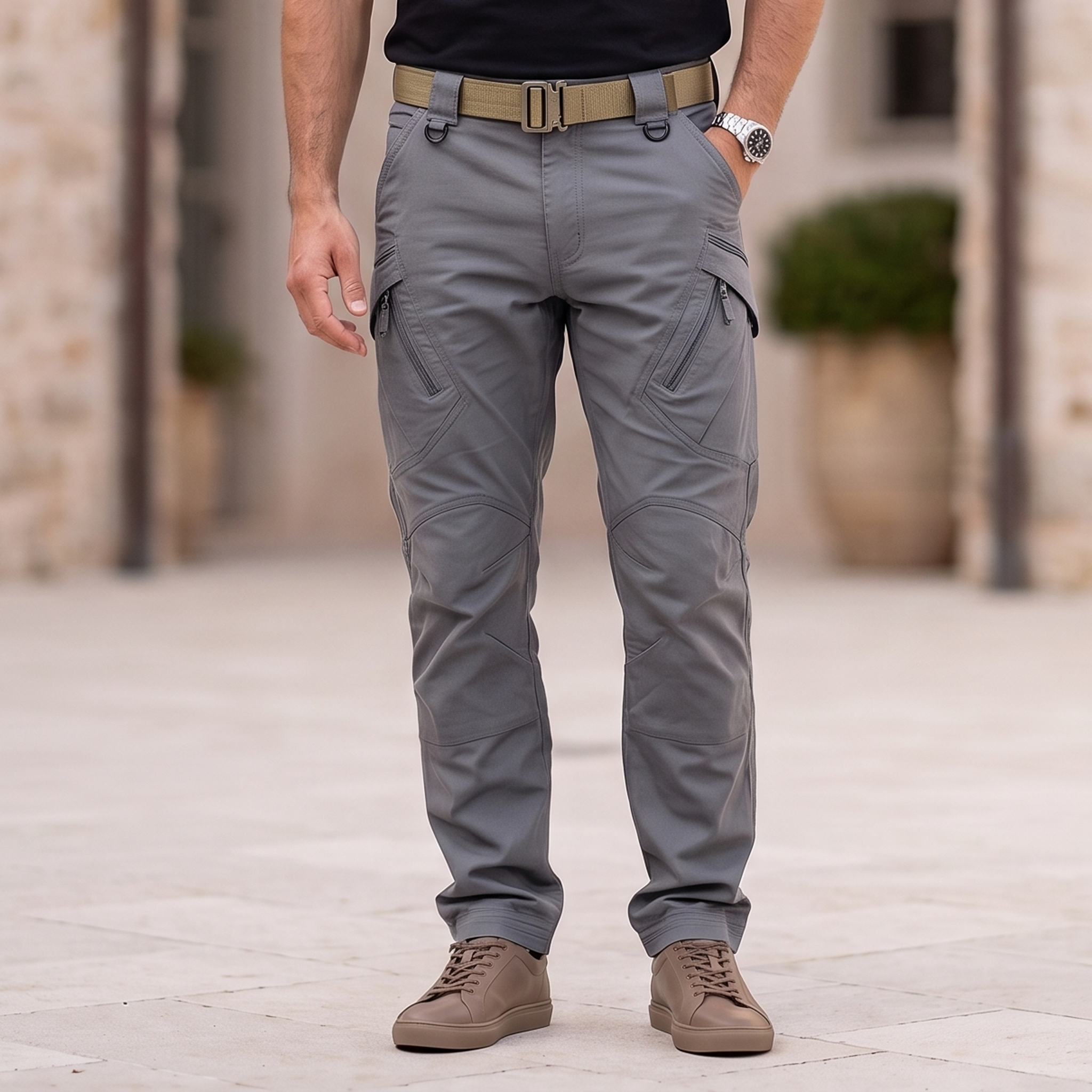 Men's cargo pants with side and front pockets, durable woven construction, and straight cut