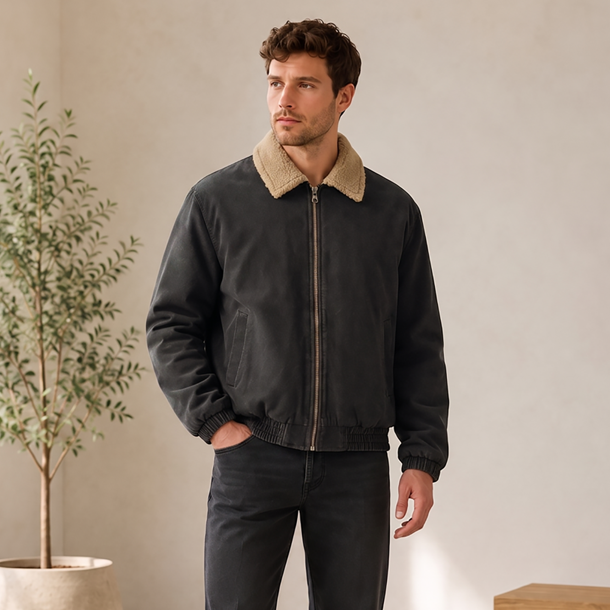 Men's winter jacket with sherpa collar, front zipper, and relaxed regular fit