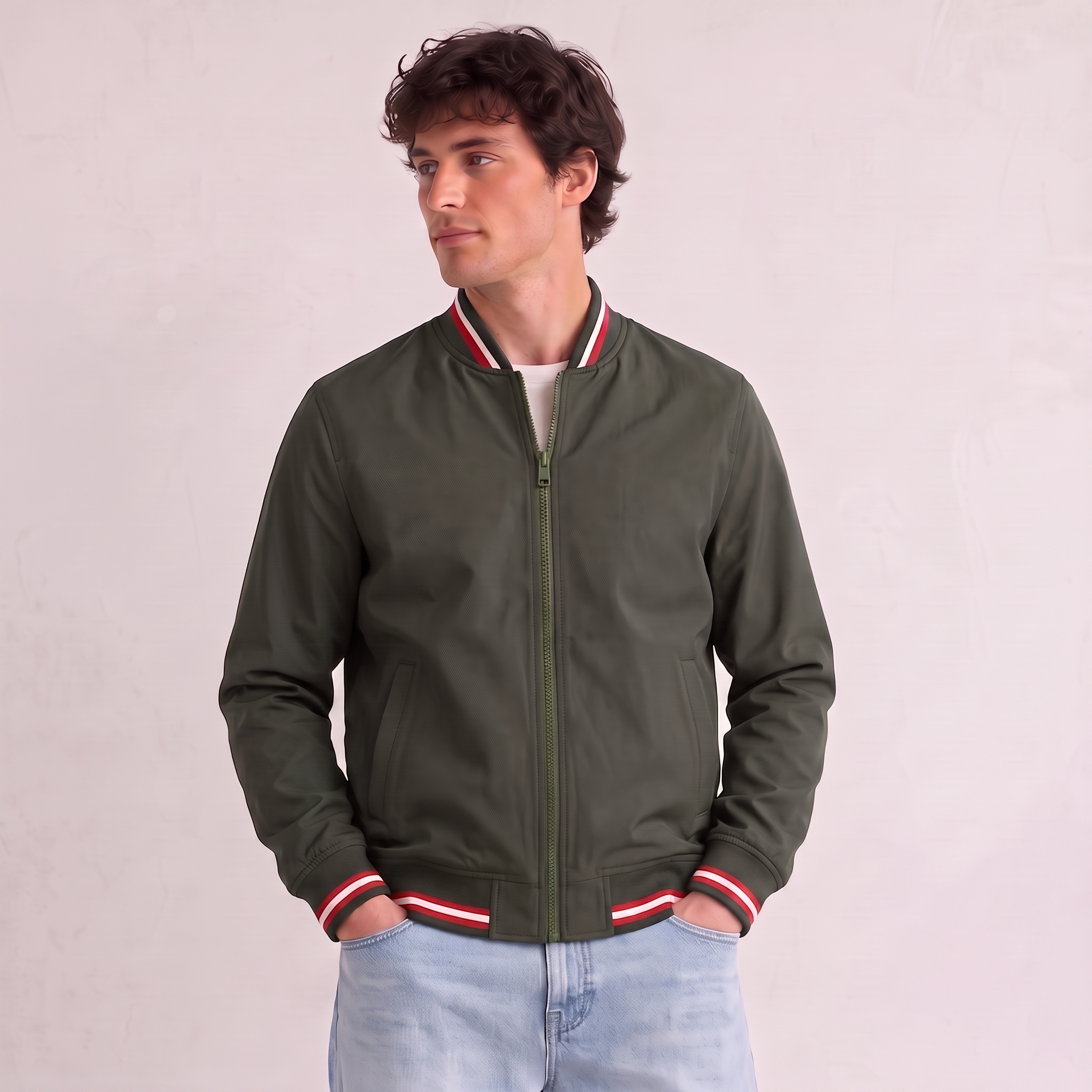 Men's sporty bomber jacket with ribbed hem, striped details, and side pockets
