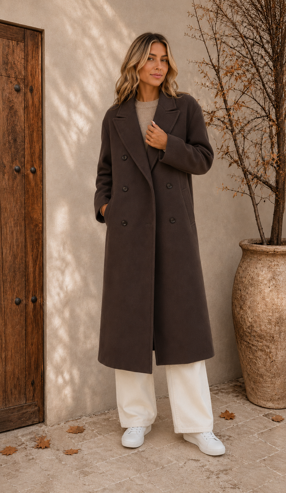 Brown oversized women's coat with lapel collar front view