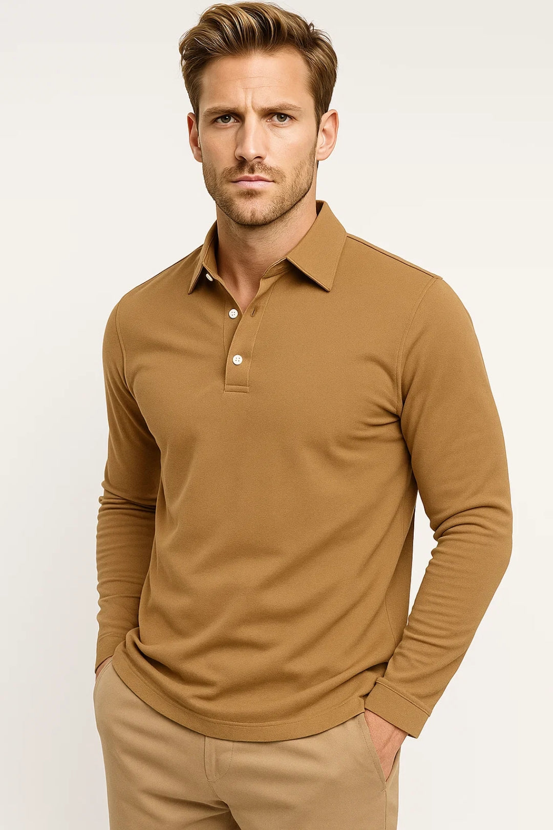 Men's long-sleeved polo shirt with classic collar and front button placket