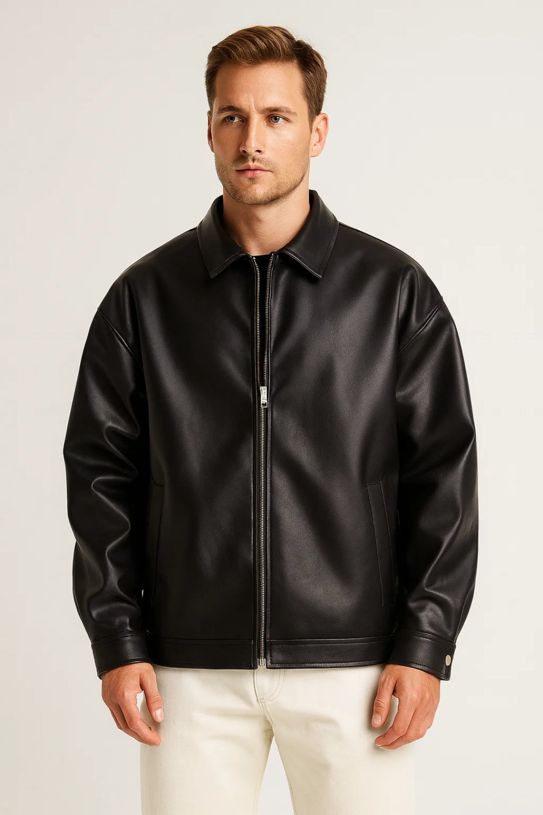 Men's faux leather jacket with front zipper and shirt collar
