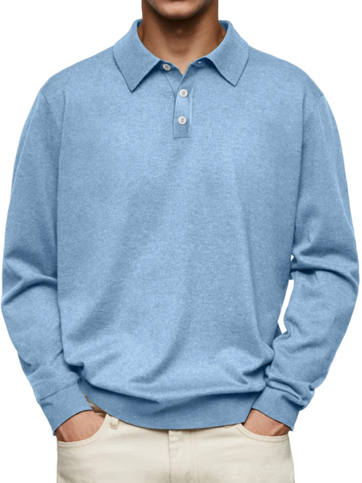 Men's knitted long-sleeve polo shirt with three-button front and ribbed cuffs