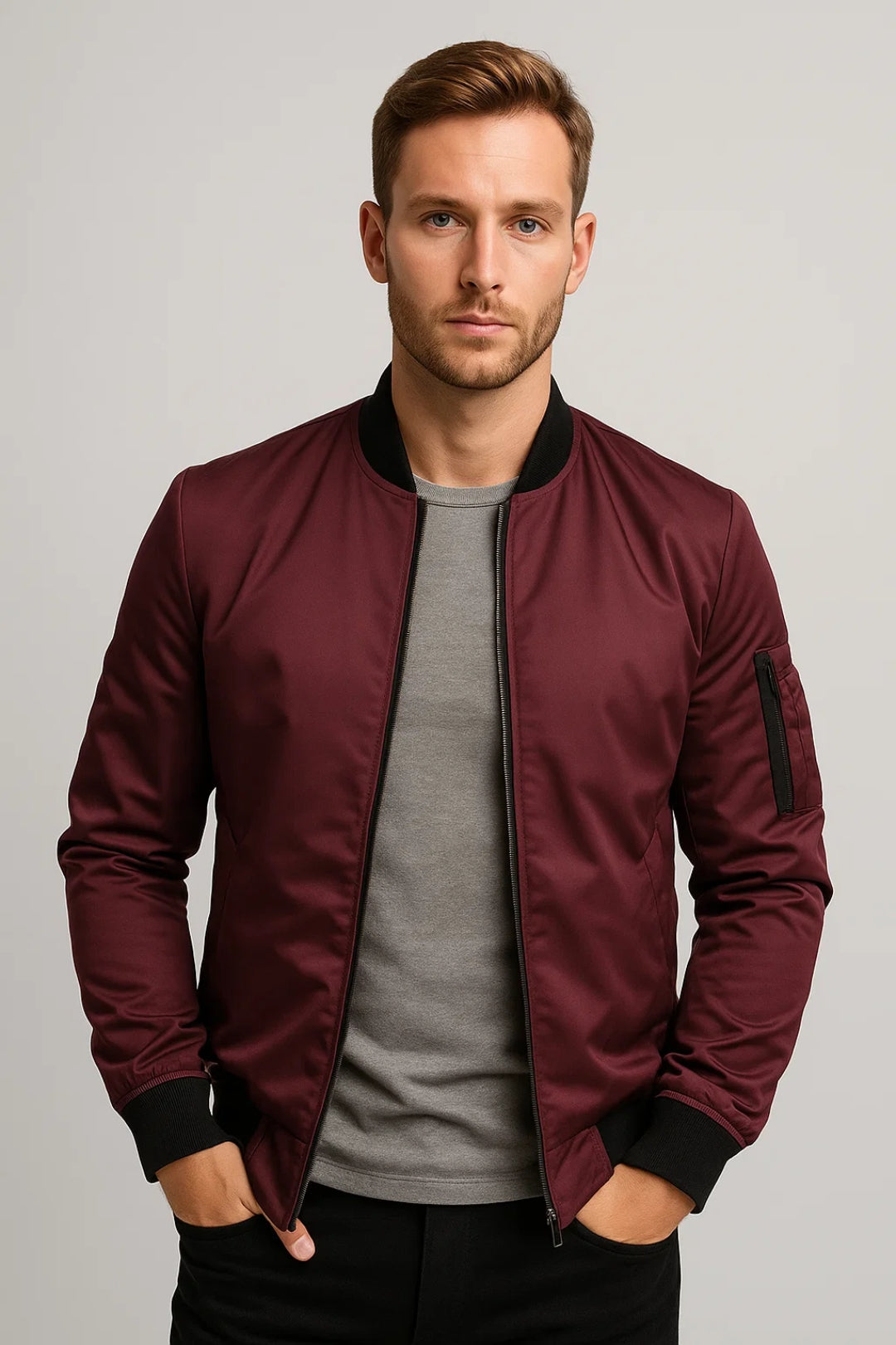Men's bomber jacket featuring panel construction and ribbed sleeve cuffs