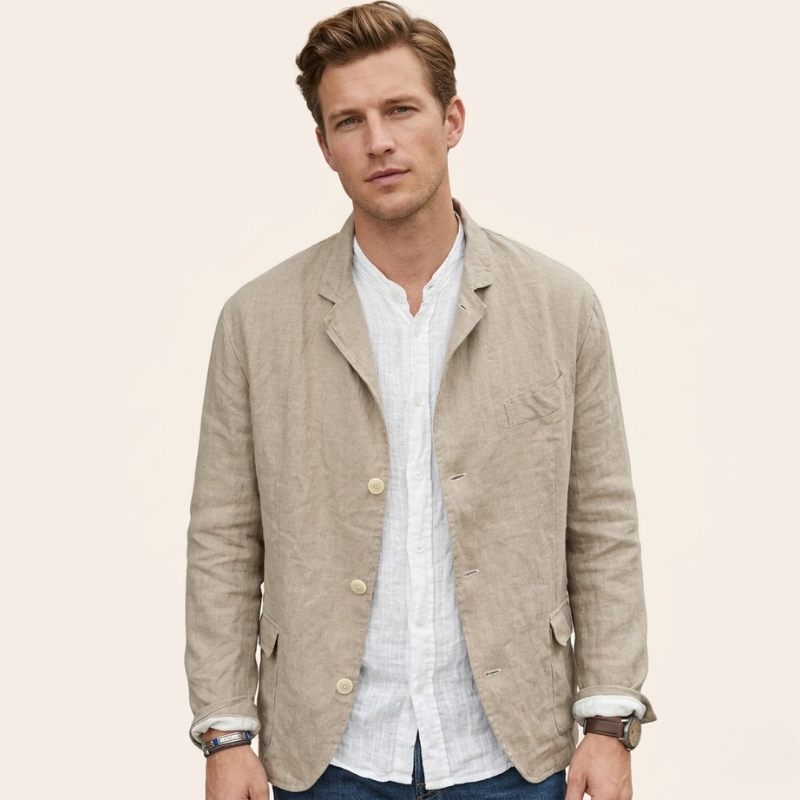 Men's relaxed silhouette blazer with front button closure and patch pockets