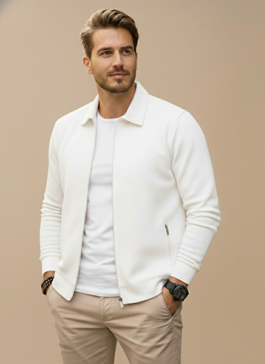 Knitted men's jacket featuring a full-length front zipper, classic collar, and ribbed cuffs