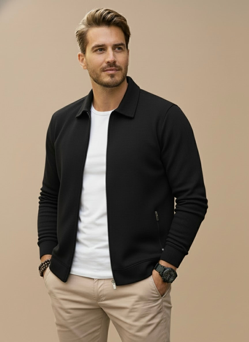 Men's regular-fit knitted jacket with zippered side pockets and ribbed hem