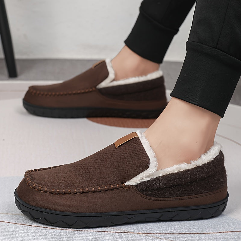 Soft men's winter slippers with warm fleece interior and non-slip rubber base