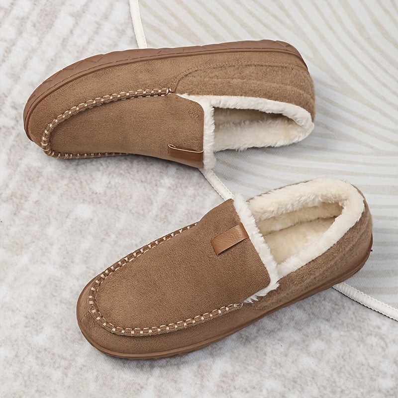 Men's loafer-style slippers with fleece lining and suede-look upper