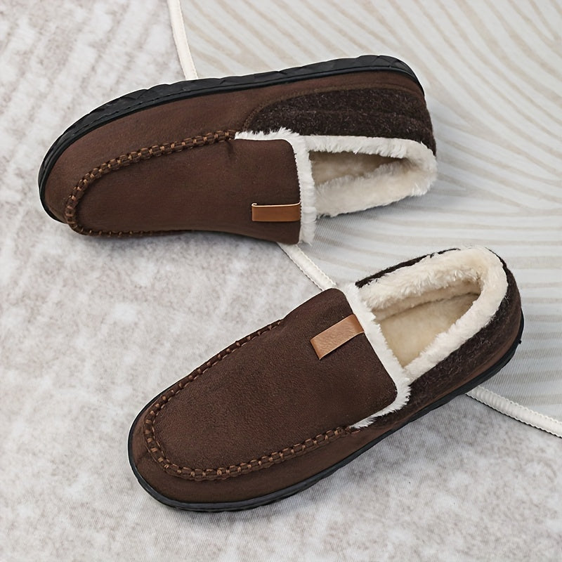 Men's fleece-lined house slippers with slip-on fit and rubber sole for everyday wear