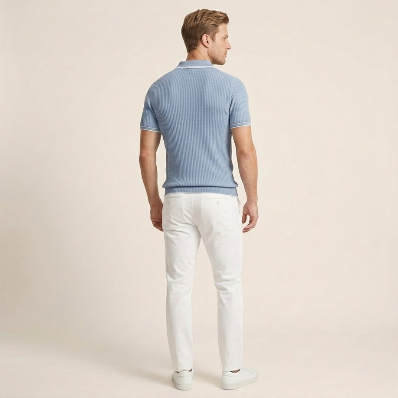 Short-sleeve men's polo shirt with rib-knit construction and clean finishes