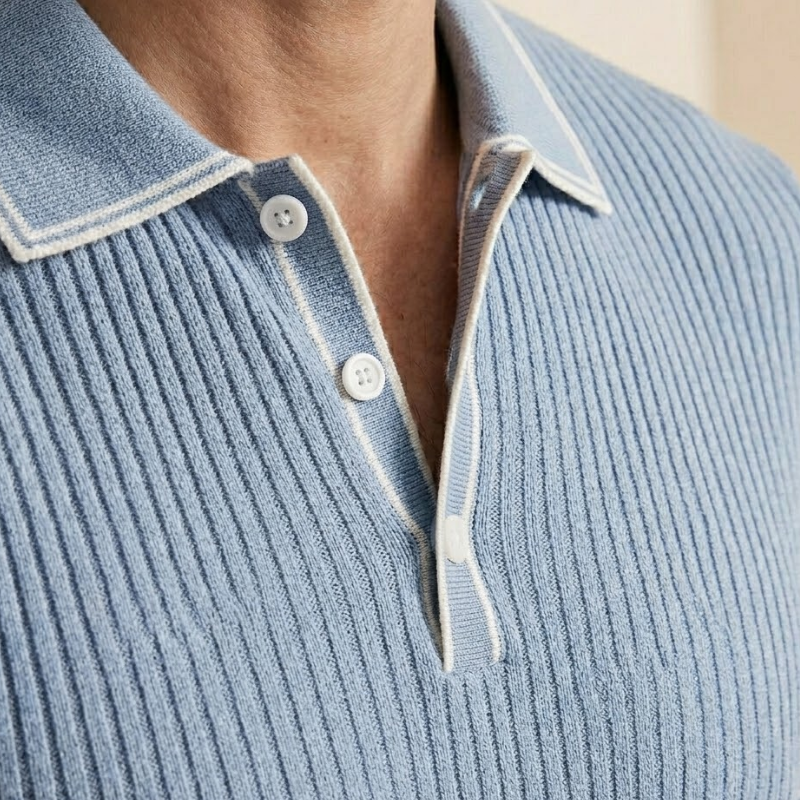 Men's ribbed polo shirt featuring a classic polo collar and short sleeves