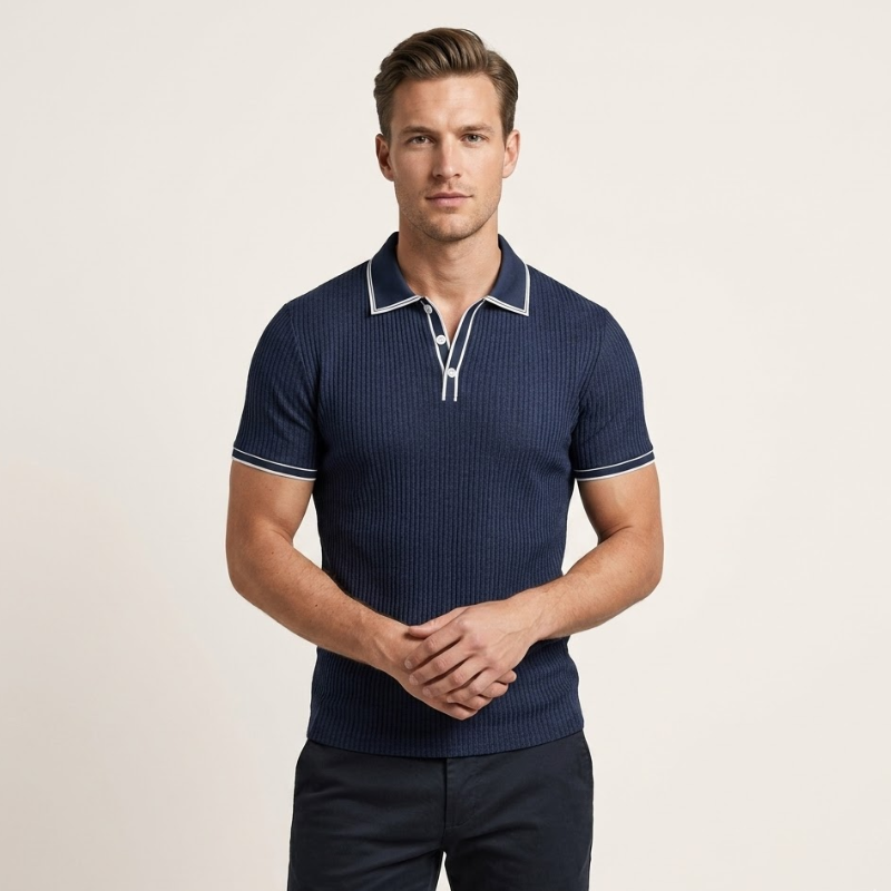 Men's short-sleeved ribbed polo shirt with fitted silhouette and button placket