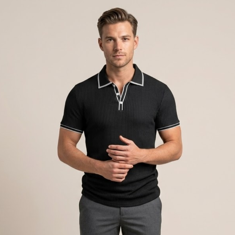 Men's ribbed polo shirt with short sleeves, fitted cut, and clean knit finish