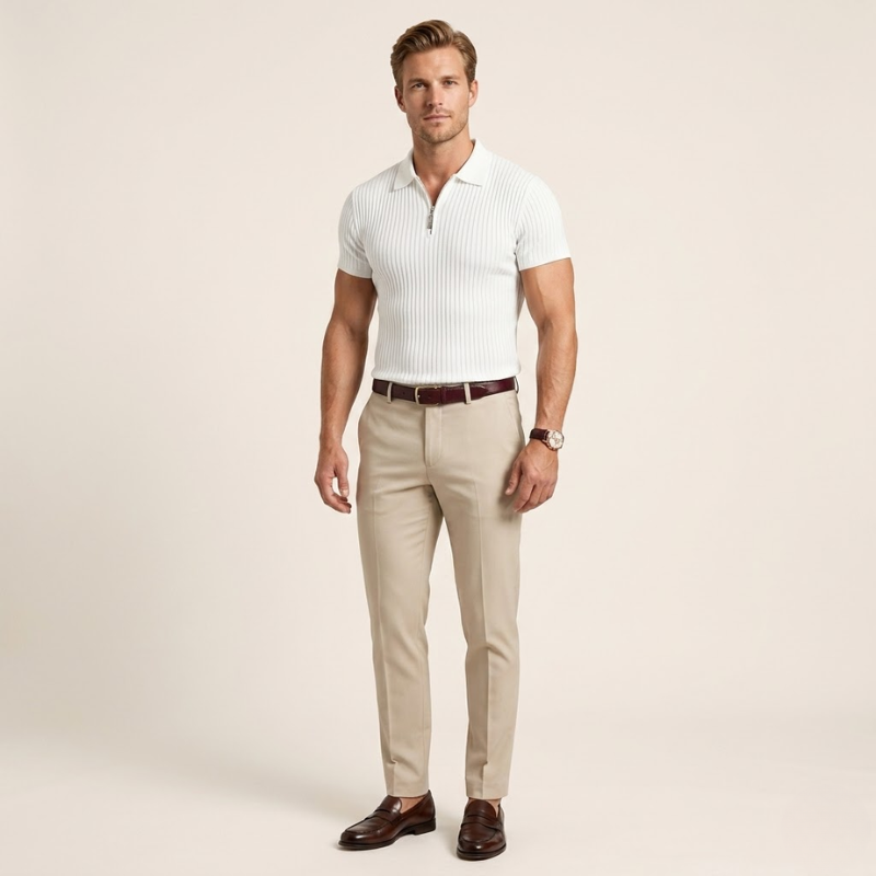 Men's slim-fit ribbed polo shirt featuring a short front zipper and straight hem