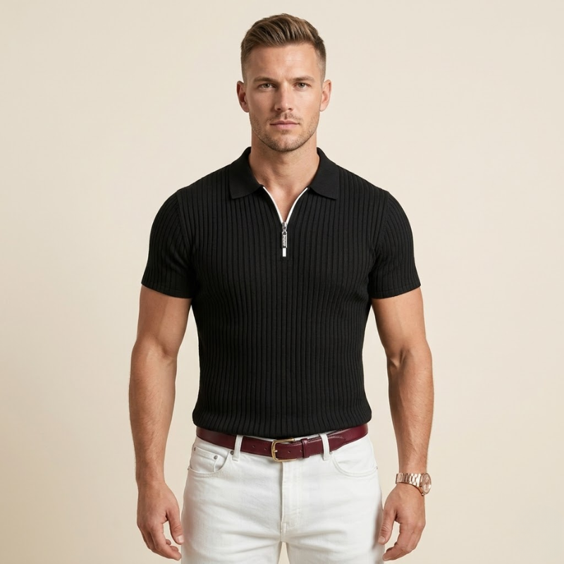 Men's ribbed zip-up polo shirt with slim fit, short sleeves, and rib-knit fabric