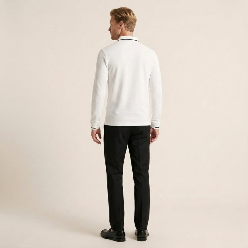 Long-sleeve men's polo shirt with contrast detail at collar and cuffs