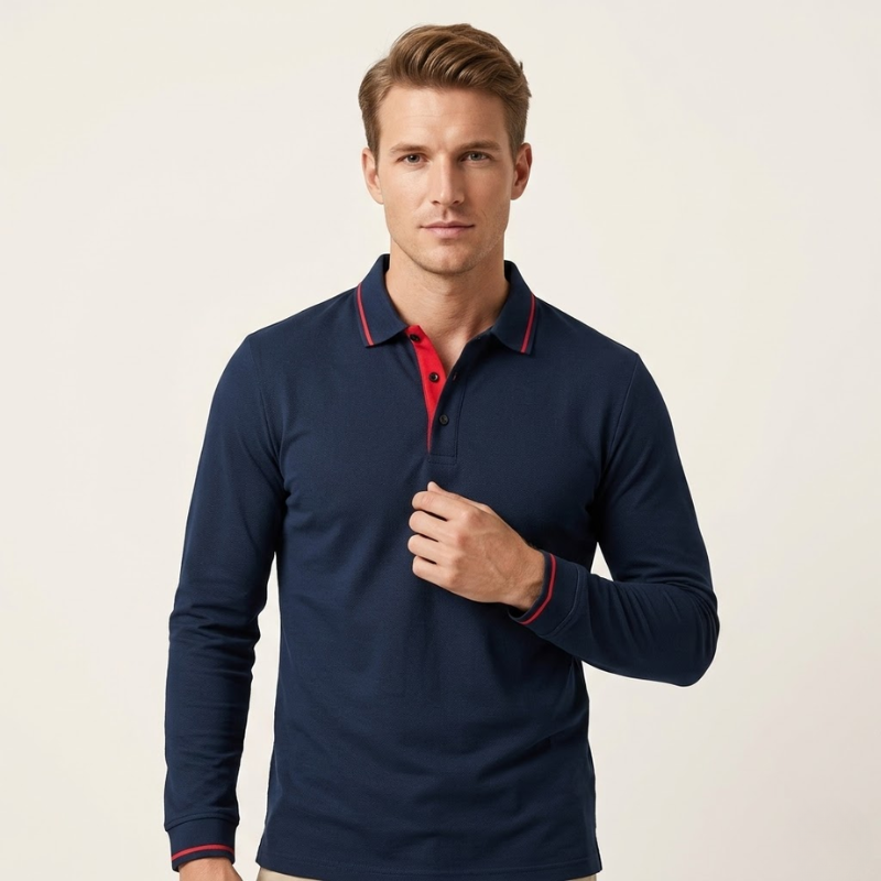 Men's long-sleeved polo shirt with contrast details in navy blue