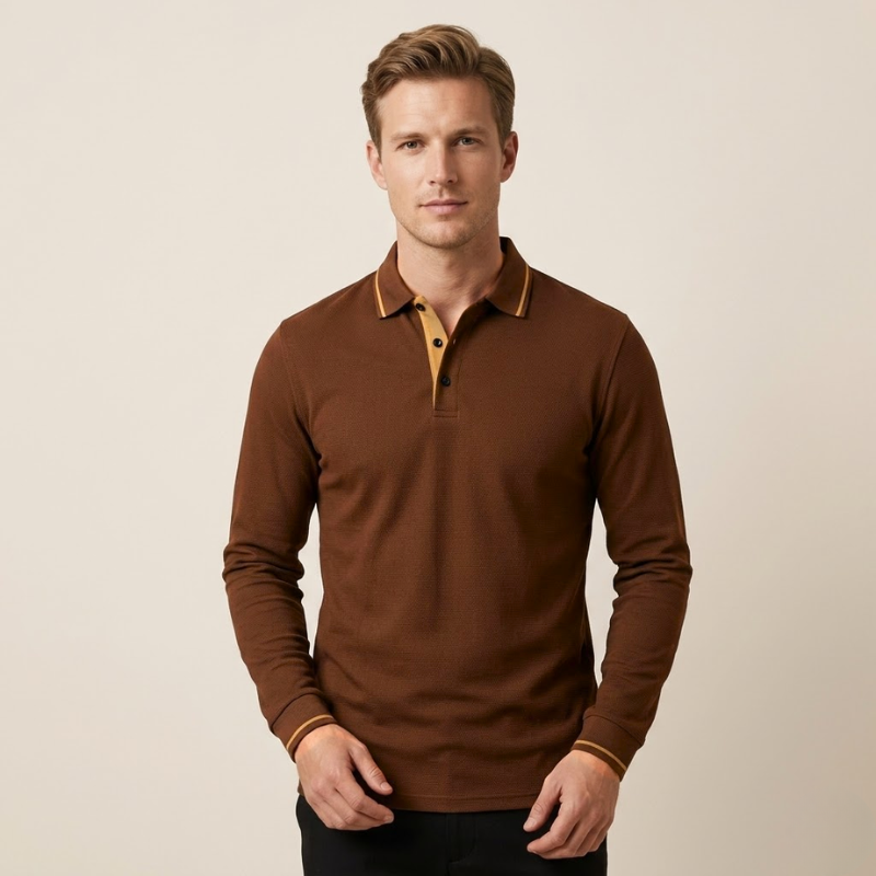 Men's long-sleeved polo shirt with contrast cuff and collar detail in brown